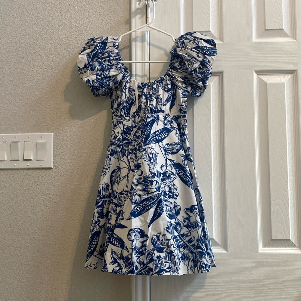 Abercrombie & Fitch Ruched Puff Sleeve Mini Dress in Navy Pattern